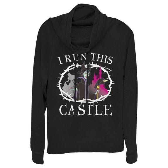 Junior's Sleeping Beauty Maleficent Castle Cowl Neck Sweatshirt Black X Large