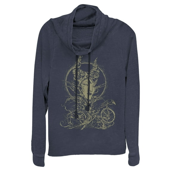 Junior's Sleeping Beauty Maleficent Twisted Queen Cowl Neck Sweatshirt Navy Blue X Large
