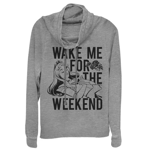 Junior's Sleeping Beauty Wake Me for Weekend Cowl Neck Sweatshirt Gray Heather Large