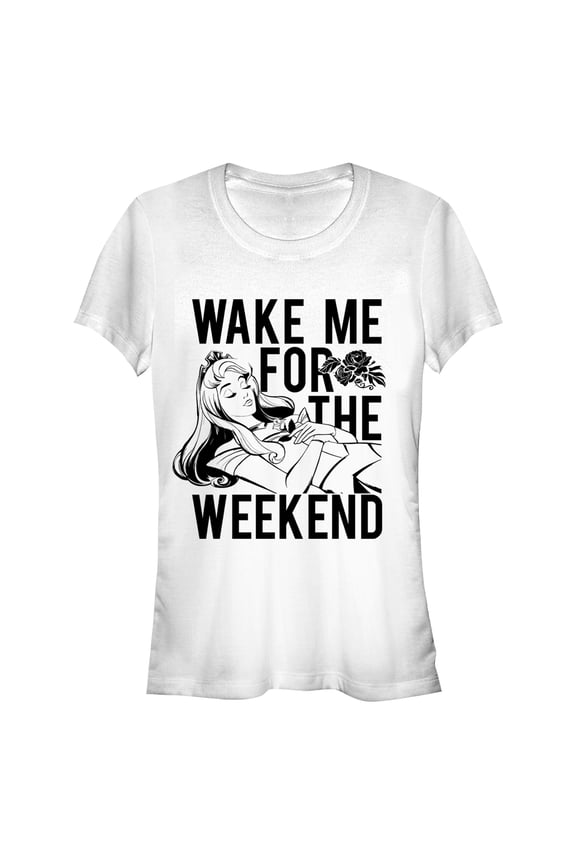 Junior's Sleeping Beauty Wake Me for Weekend Graphic Tee White Small