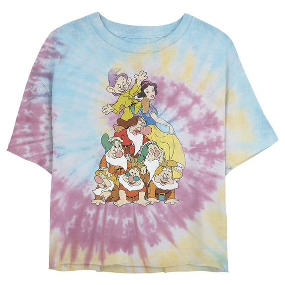 Junior's Snow White and the Seven Dwarfs Best Friends Pile Crop Graphic Tee Tie Dye X Large