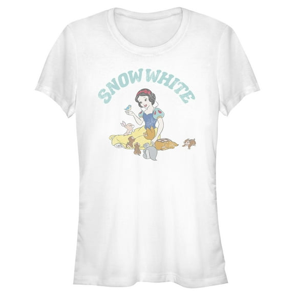 Junior's Snow White and the Seven Dwarfs Distressed Woodland Animals Graphic Tee White Large