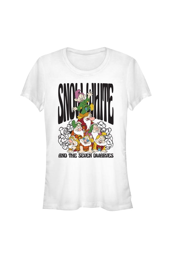 Junior's Snow White and the Seven Dwarfs Dwarf Group Logo Graphic Tee White Large