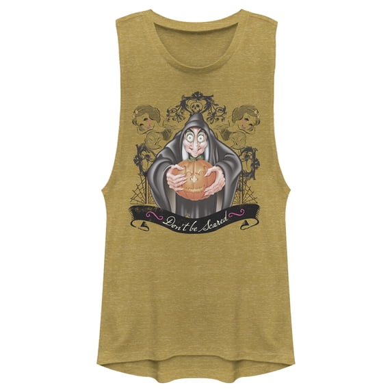 Junior's Snow White and the Seven Dwarfs Evil Queen Pumpkin Festival Muscle Graphic Tee Gold Heather Small