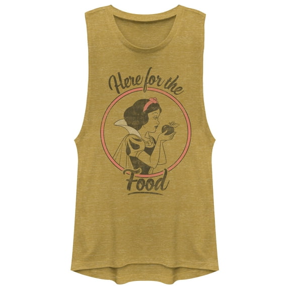 Junior's Snow White and the Seven Dwarfs Food  Festival Muscle Graphic Tee Gold Heather Medium