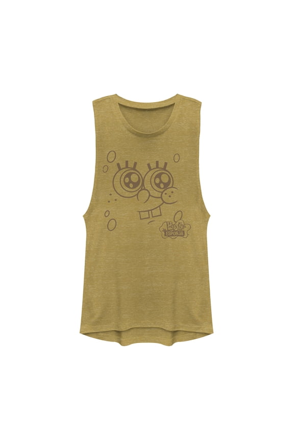Junior's SpongeBob SquarePants Smiling Face  Festival Muscle Graphic Tee Gold Heather Large