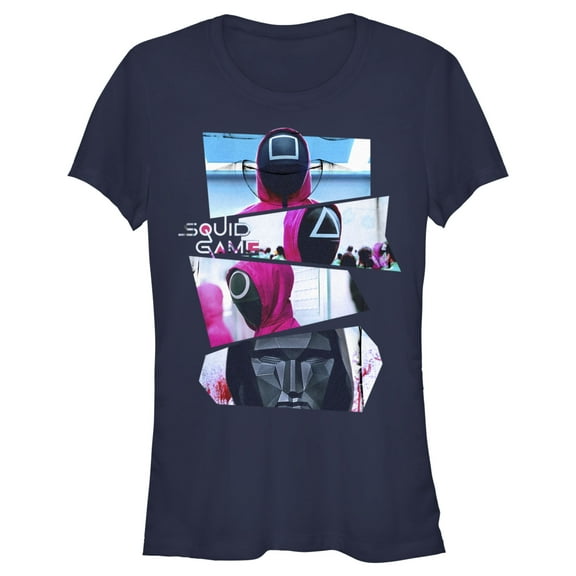 Junior's Squid Game Masked Photos Graphic Tee Navy Blue Small