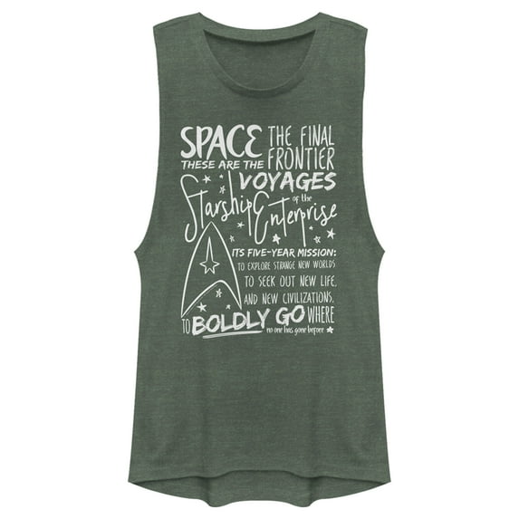 Junior's Star Trek 5-Year Mission Text Festival Muscle Graphic Tee Pine Green Heather Medium