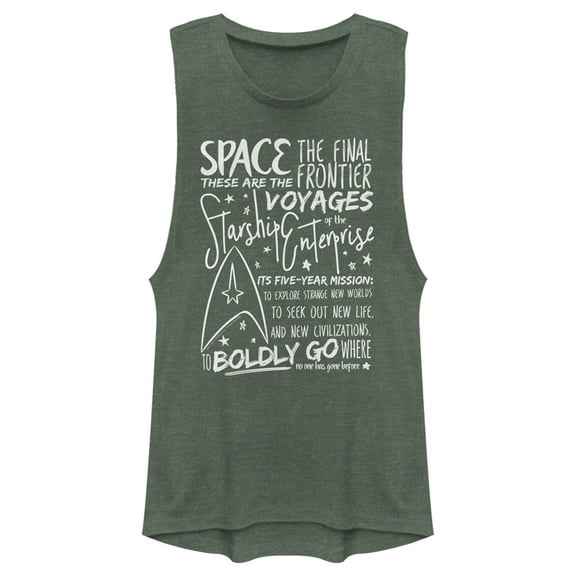 Junior's Star Trek 5-Year Mission Text  Festival Muscle Graphic Tee Pine Green Heather Small