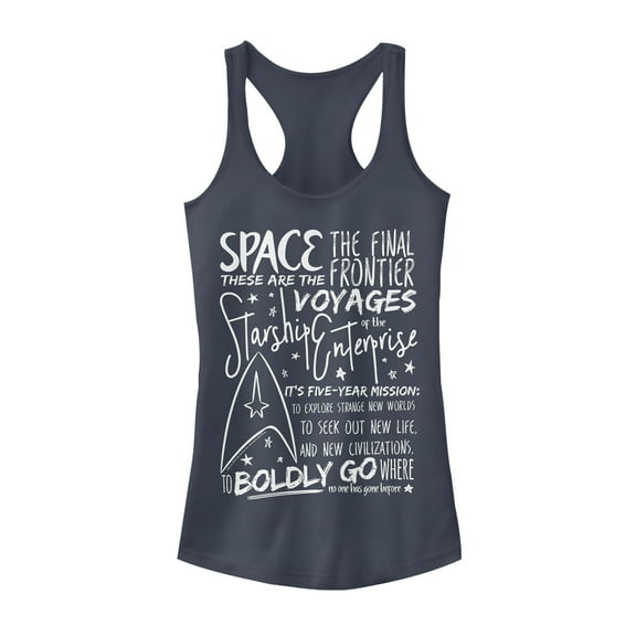 Junior's Star Trek 5-Year Mission Text  Racerback Tank Top Indigo Small