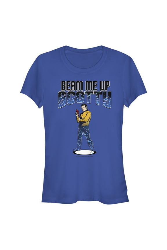 Junior's Star Trek Cartoon Kirk Beam Me Up Scotty Transporter Graphic Tee Royal Blue X Large