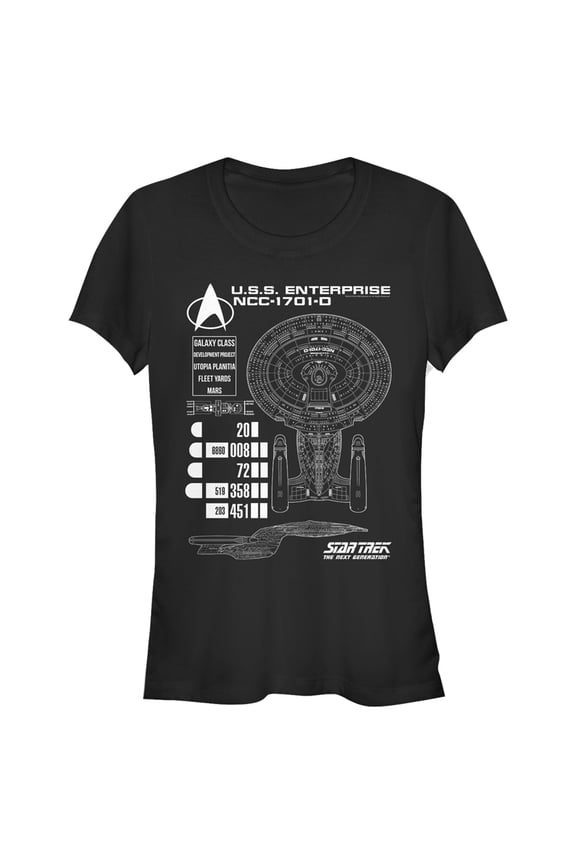 Junior's Star Trek: The Next Generation Enterprise Galaxy Class NCC-1701-D Schematics Graphic Tee Black Large