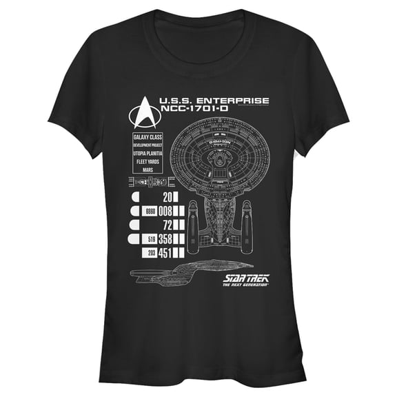 Junior's Star Trek: The Next Generation Enterprise Galaxy Class NCC-1701-D Schematics Graphic Tee Black Medium