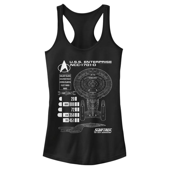 Junior's Star Trek: The Next Generation Enterprise Galaxy Class NCC-1701-D Schematics Racerback Tank Top Black 2X Large