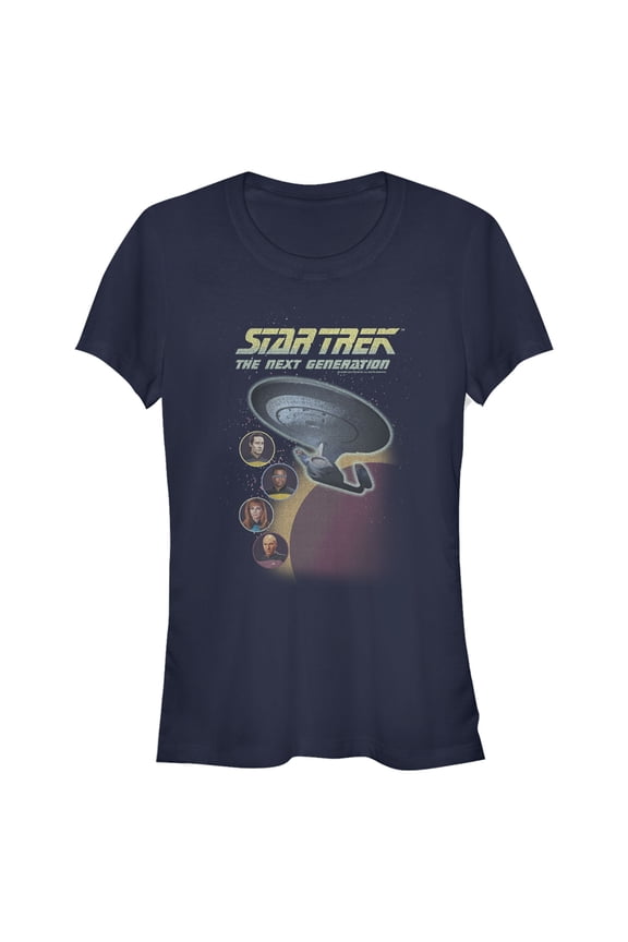 Junior's Star Trek: The Next Generation Enterprise with Captain and Crew Portraits Graphic Tee Navy Blue Medium