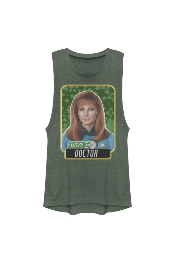 Junior's Star Trek: The Next Generation St. Patrick's Day Lucky Doctor Beverly Crusher Festival Muscle Graphic Tee Pine Green Heather X Large