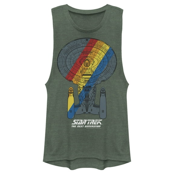 Junior's Star Trek: The Next Generation USS Enterprise Rainbow Streak  Festival Muscle Graphic Tee Pine Green Heather X Small
