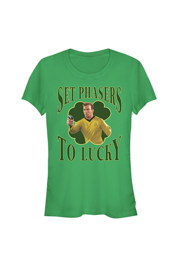 Junior's Star Trek: The Original Series St. Patrick's Day Captain Kirk Set Phasers to Lucky  Graphic Tee Kelly Green Medium