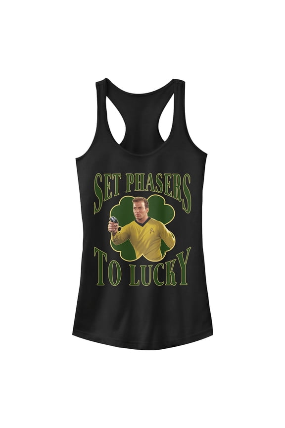 Junior's Star Trek: The Original Series St. Patrick's Day Captain Kirk Set Phasers to Lucky  Racerback Tank Top Black Large
