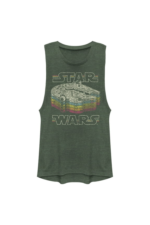 Junior's Star Wars: A New Hope Millennium Falcon Retro Rainbow Stack Festival Muscle Graphic Crop T-Shirt Pine Green Heather Small