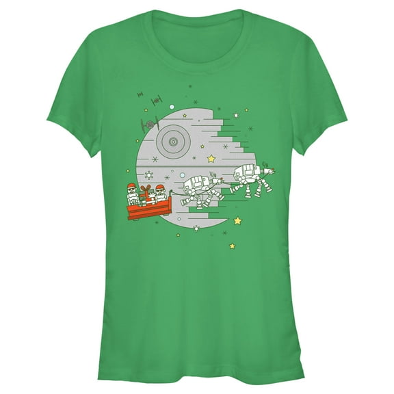 Junior's Star Wars Christmas Death Star Scene  Graphic Tee Kelly Green Large