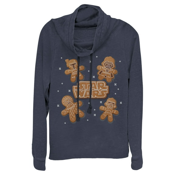 Junior's Star Wars Christmas Gingerbread Characters  Cowl Neck Sweatshirt Navy Blue X Small