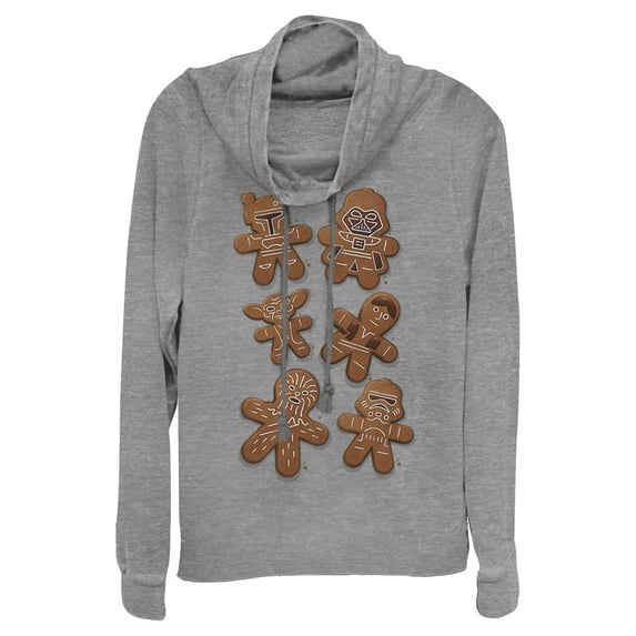 Junior's Star Wars Christmas Gingerbread Cookies Cowl Neck Sweatshirt Gray Heather 4X Large