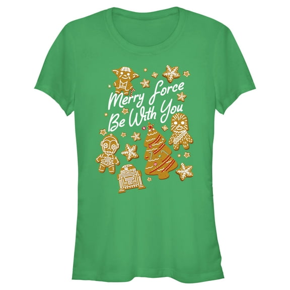 Junior's Star Wars Christmas Gingerbread Cookies Merry Force Be With You  Graphic Tee Kelly Green Medium