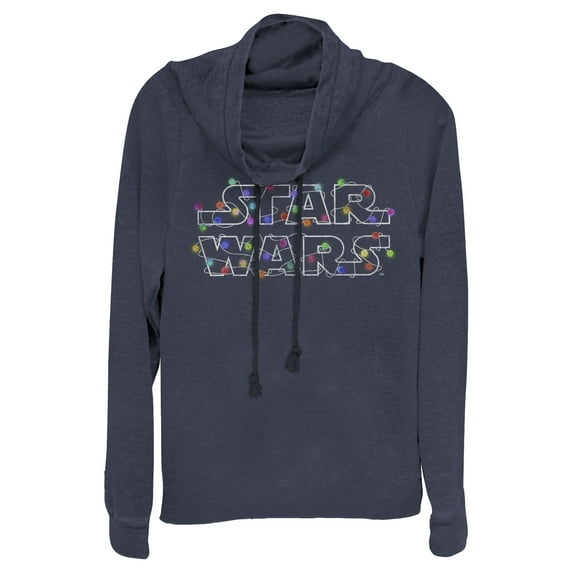 Junior's Star Wars Christmas Logo String Lights Cowl Neck Sweatshirt Navy Blue 4X Large