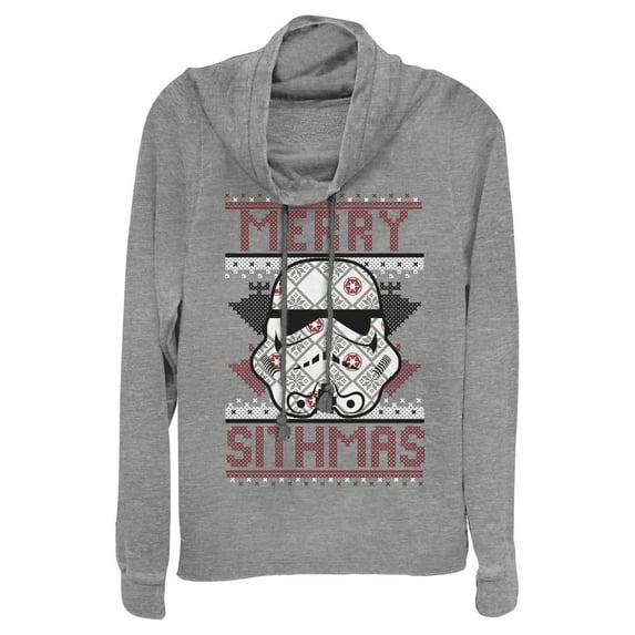 Junior's Star Wars Christmas Merry Sithmas Cowl Neck Sweatshirt Gray Heather Large