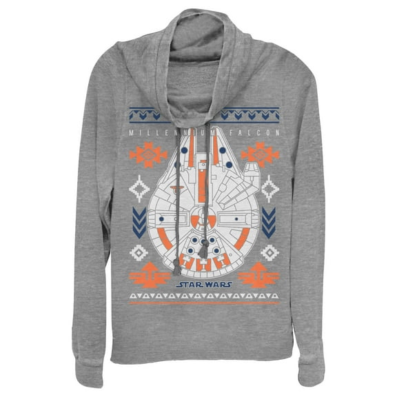 Junior's Star Wars Christmas Millennium Falcon  Print  Cowl Neck Sweatshirt Gray Heather 2X Large