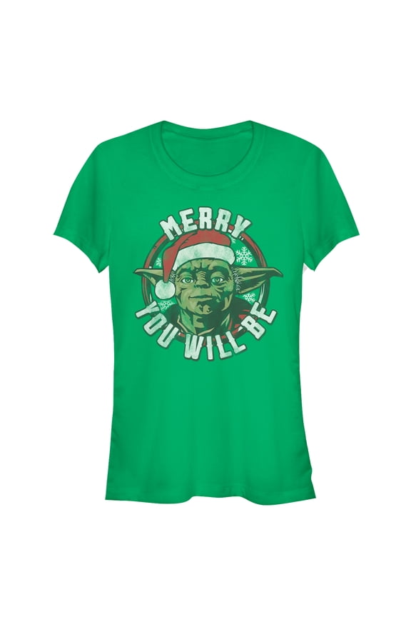Junior's Star Wars Christmas Yoda Merry You Will Be Graphic Tee Kelly Green Medium