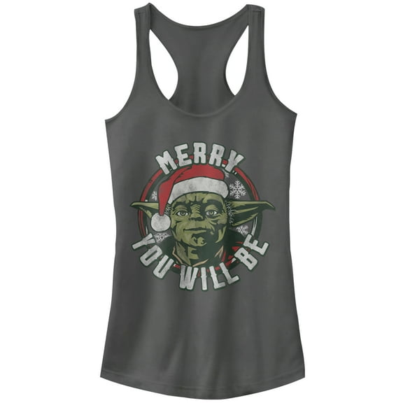 Junior's Star Wars Christmas Yoda Merry You Will Be  Racerback Tank Top Charcoal 2X Large