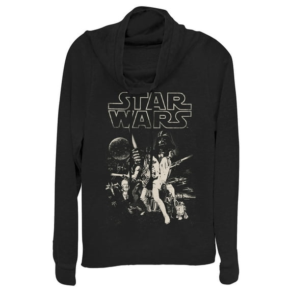 Junior's Star Wars Classic Poster Cowl Neck Sweatshirt Black X Large