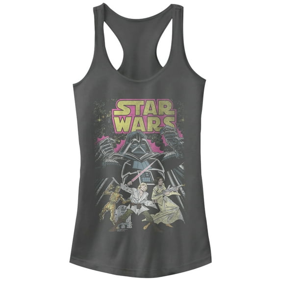 Junior's Star Wars Comic Cover Racerback Tank Top Charcoal Large