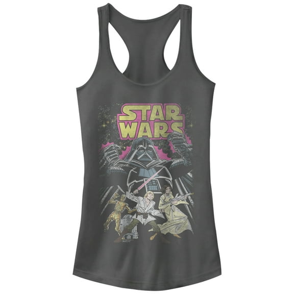 Junior's Star Wars Comic Cover  Racerback Tank Top Charcoal Small