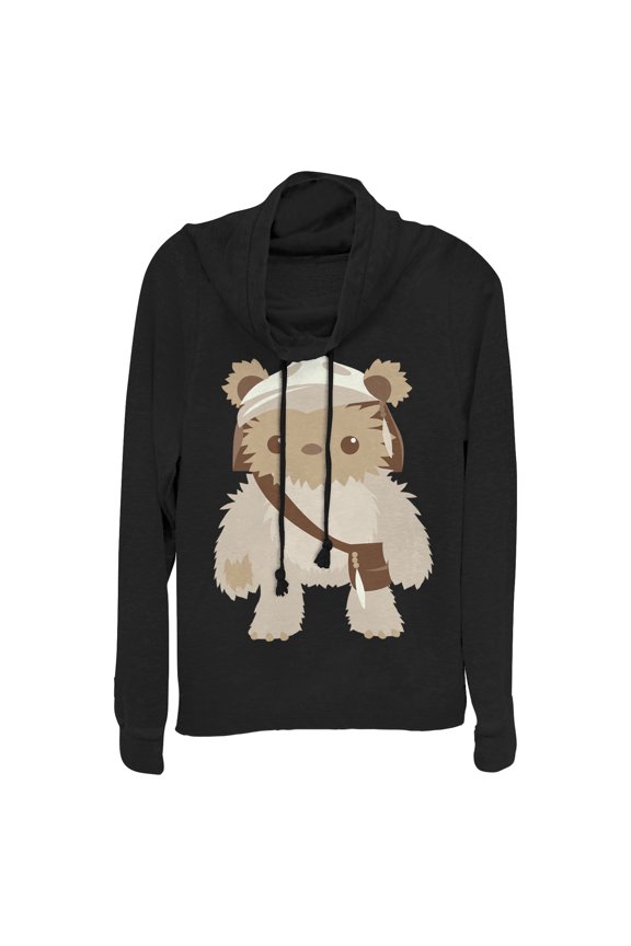 Junior's Star Wars Cute Cartoon Ewok  Cowl Neck Sweatshirt Black Small