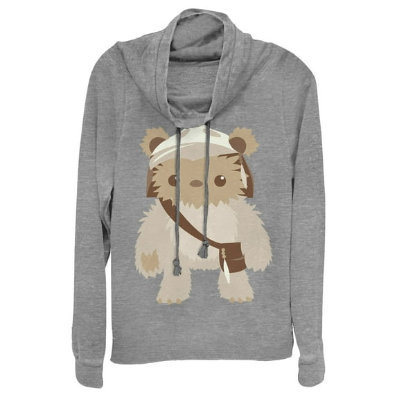 Junior's Star Wars Cute Cartoon Ewok Cowl Neck Sweatshirt Gray Heather 2X Large