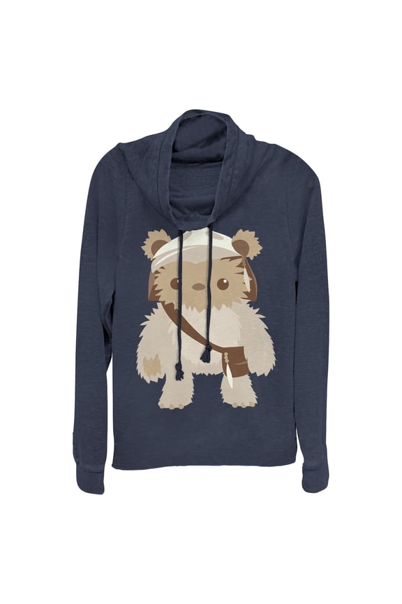 Junior's Star Wars Cute Cartoon Ewok Cowl Neck Sweatshirt Navy Blue 2X Large