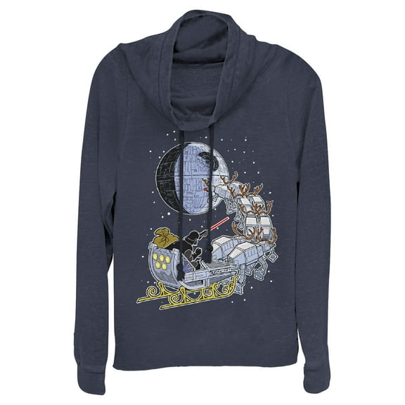 Junior's Star Wars Darth Vader Starry Sleigh  Cowl Neck Sweatshirt Navy Blue Large