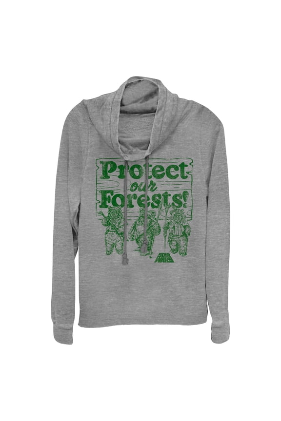 Junior's Star Wars Ewok Protect Our Forests  Cowl Neck Sweatshirt Gray Heather Small