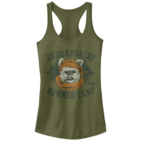 Junior's Star Wars Ewok Summer Camp  Racerback Tank Top Military Green Medium