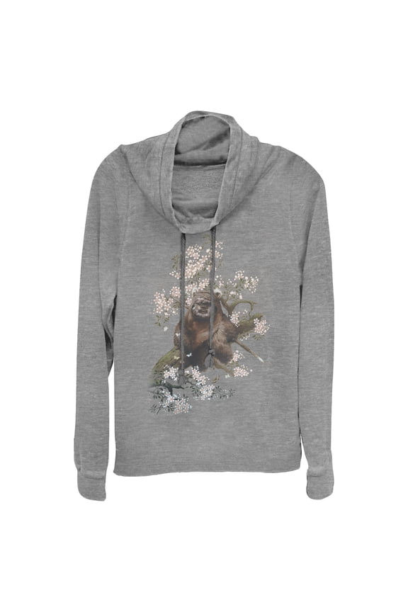 Junior's Star Wars Ewok in the Flowers  Cowl Neck Sweatshirt Gray Heather Small