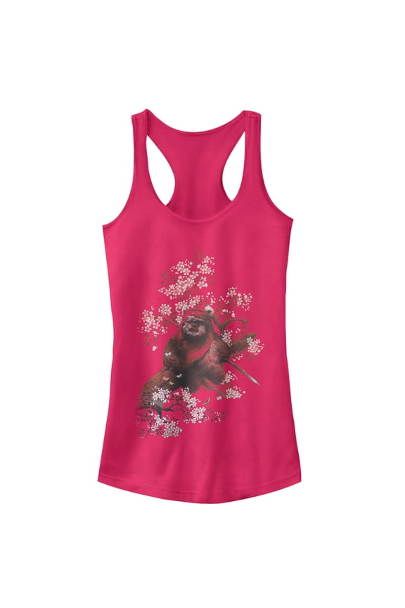 Junior's Star Wars Ewok in the Flowers Racerback Tank Top Dark Pink X Large