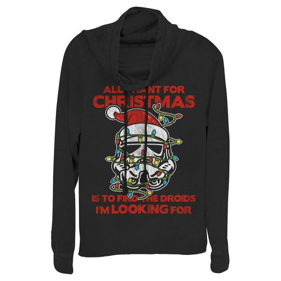 Junior's Star Wars Find Droids for Christmas Cowl Neck Sweatshirt Black Medium