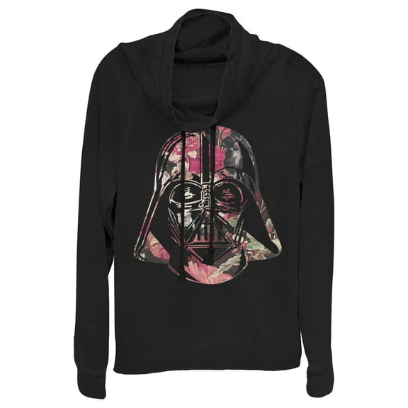 Junior's Star Wars Floral Print Vader  Cowl Neck Sweatshirt Black Small
