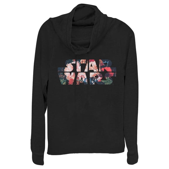 Junior's Star Wars Flower Logo  Cowl Neck Sweatshirt Black Medium