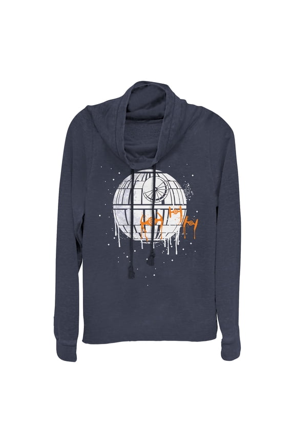 Junior's Star Wars Halloween Death Star Drip Cowl Neck Sweatshirt Navy Blue Medium