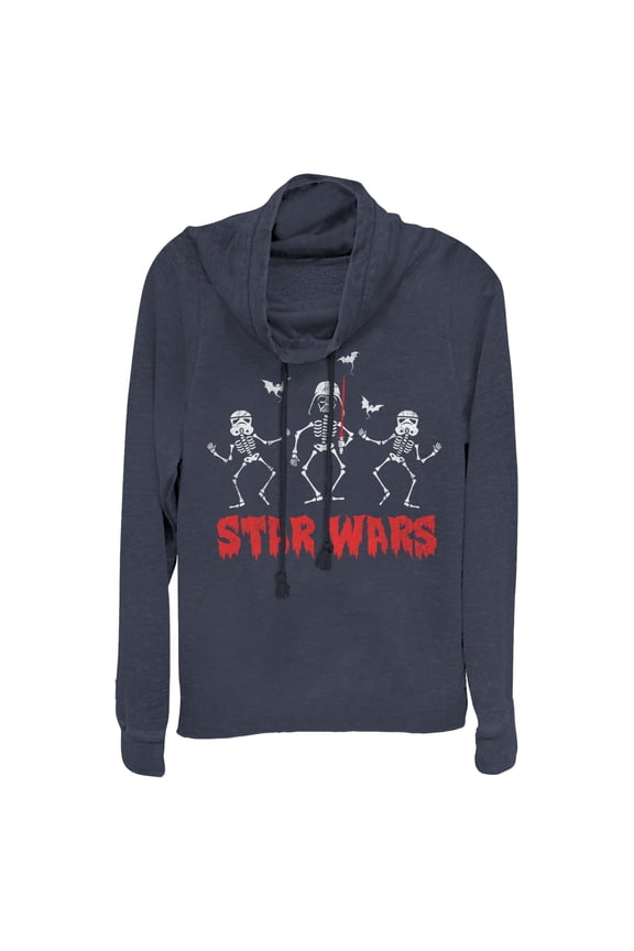 Junior's Star Wars Halloween Vader Skeletons Cowl Neck Sweatshirt Navy Blue X Small