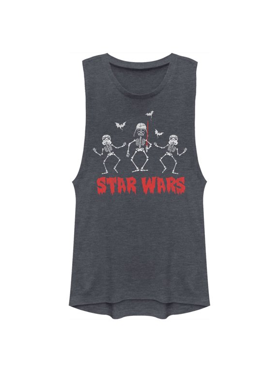 Junior's Star Wars Halloween Vader Skeletons Festival Muscle Graphic Tee Denim Blue Heather Large
